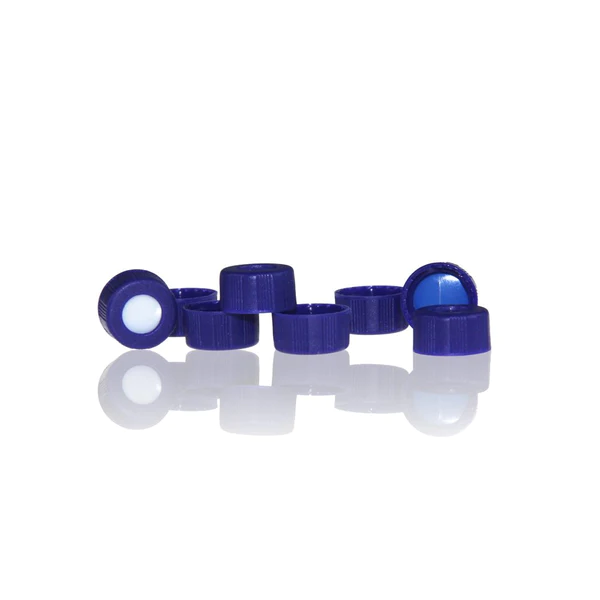 Крышка + септа Blue 9-425 Open Top Ribbed Screw Cap with 9mm Blue PTFE/White Silicone Septa 1mm Thick PRE-SLIT