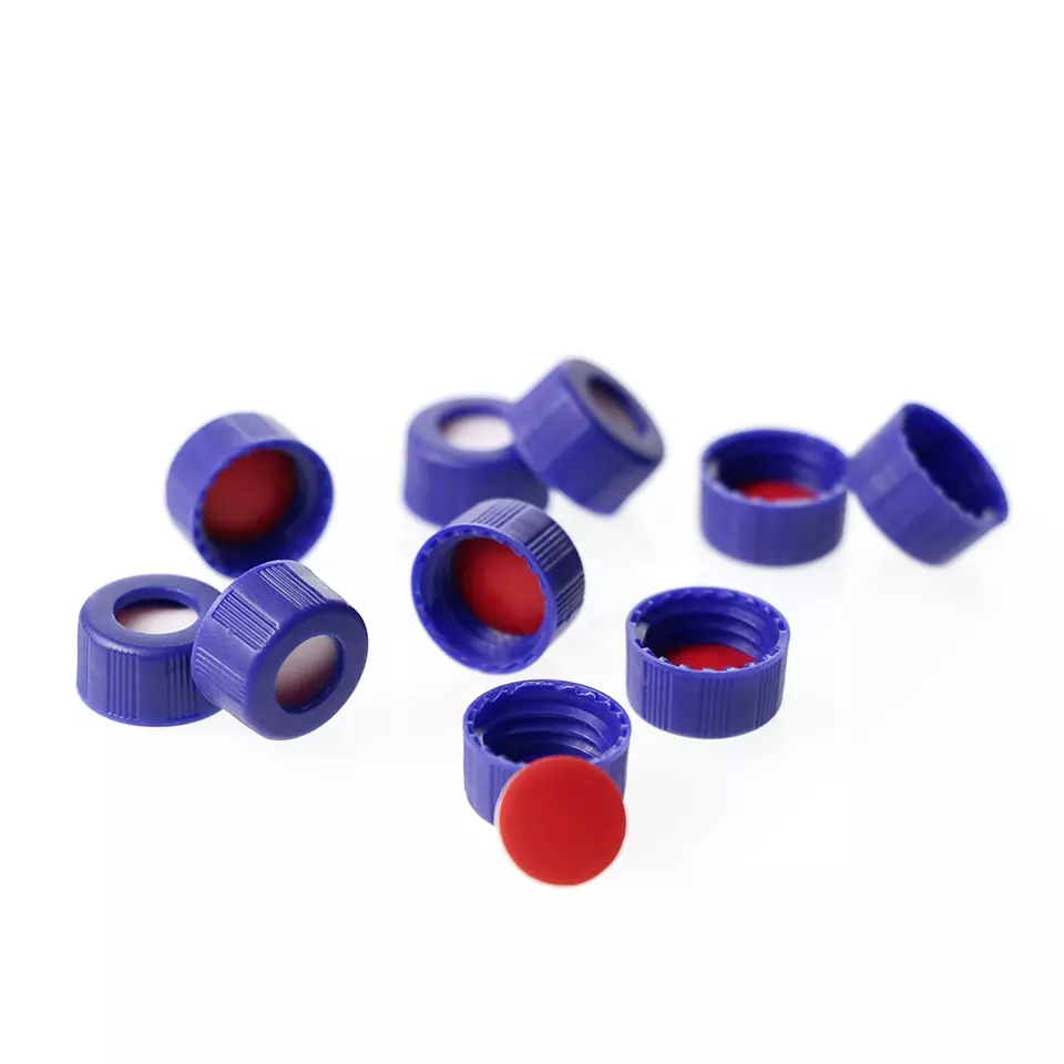 Крышки Blue 9-425 Open Top Ribbed Screw Cap with 9mm Red PTFE/White Silicone Septa 1mm Thick PRE-SLIT (Mercedes Shape)